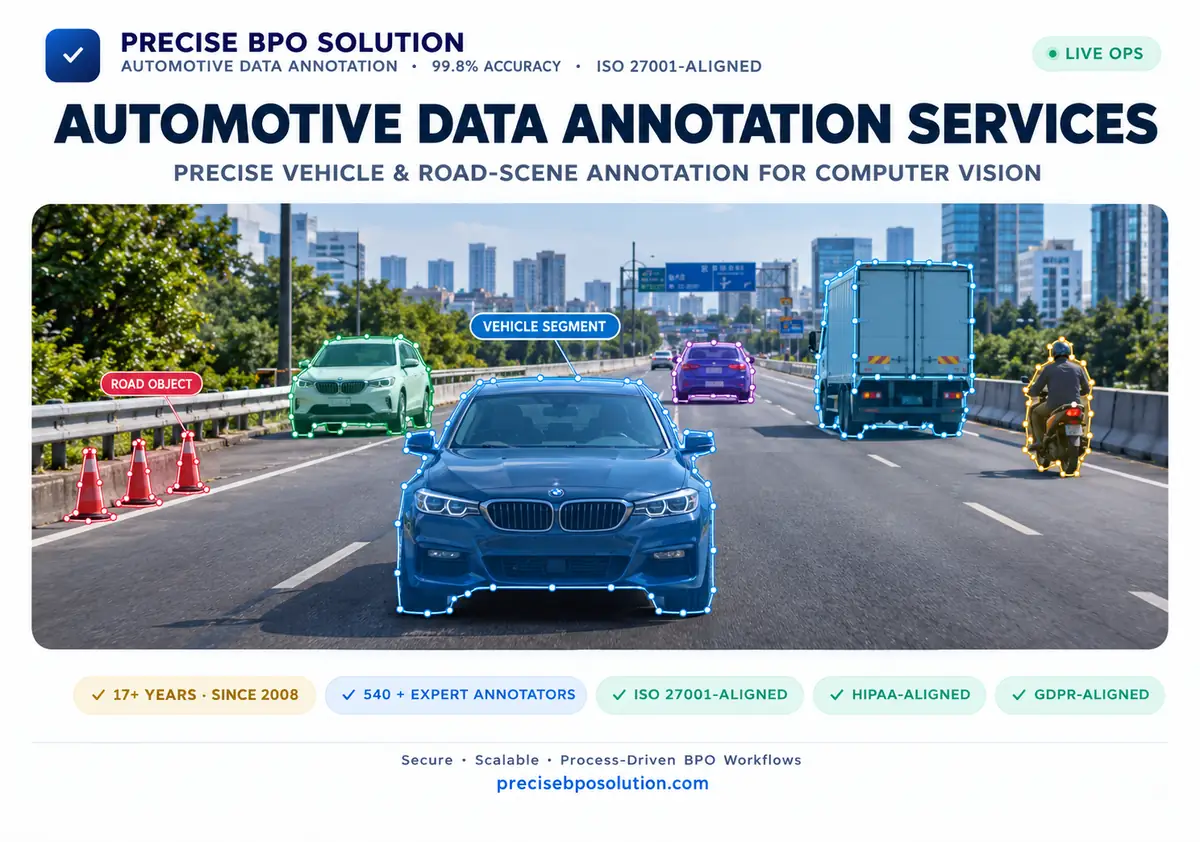Driverless annotation example: polygon-annotated vehicles, truck, and motorcyclist for self-driving AI training data