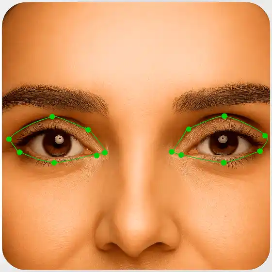 Eye landmark annotation mapping pupils, eyelids, and gaze points to support vision AI, eye-tracking models, and facial analytics.