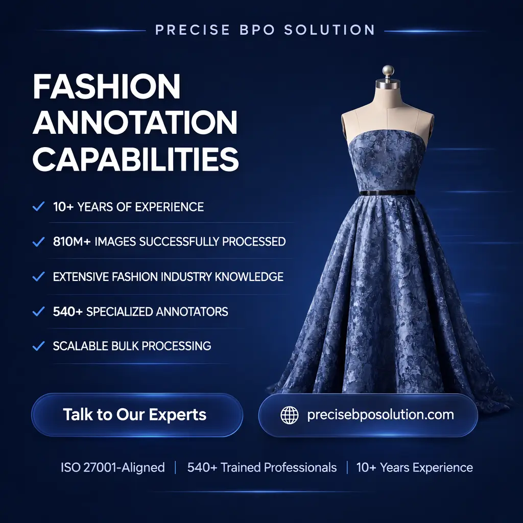 Team performing full-scale fashion image annotation including apparel, footwear, accessories, segmentation, attributes, and landmarks for AI.