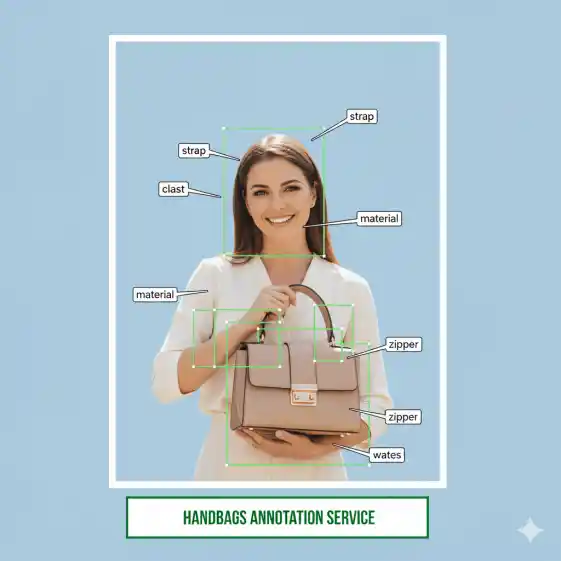 Experts labeling fashion bags in images for AI training, visual search, and scalable fashion dataset creation