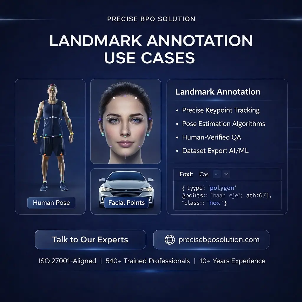 Use cases of landmark annotation for AI, including facial, hand, and object keypoint labeling projects