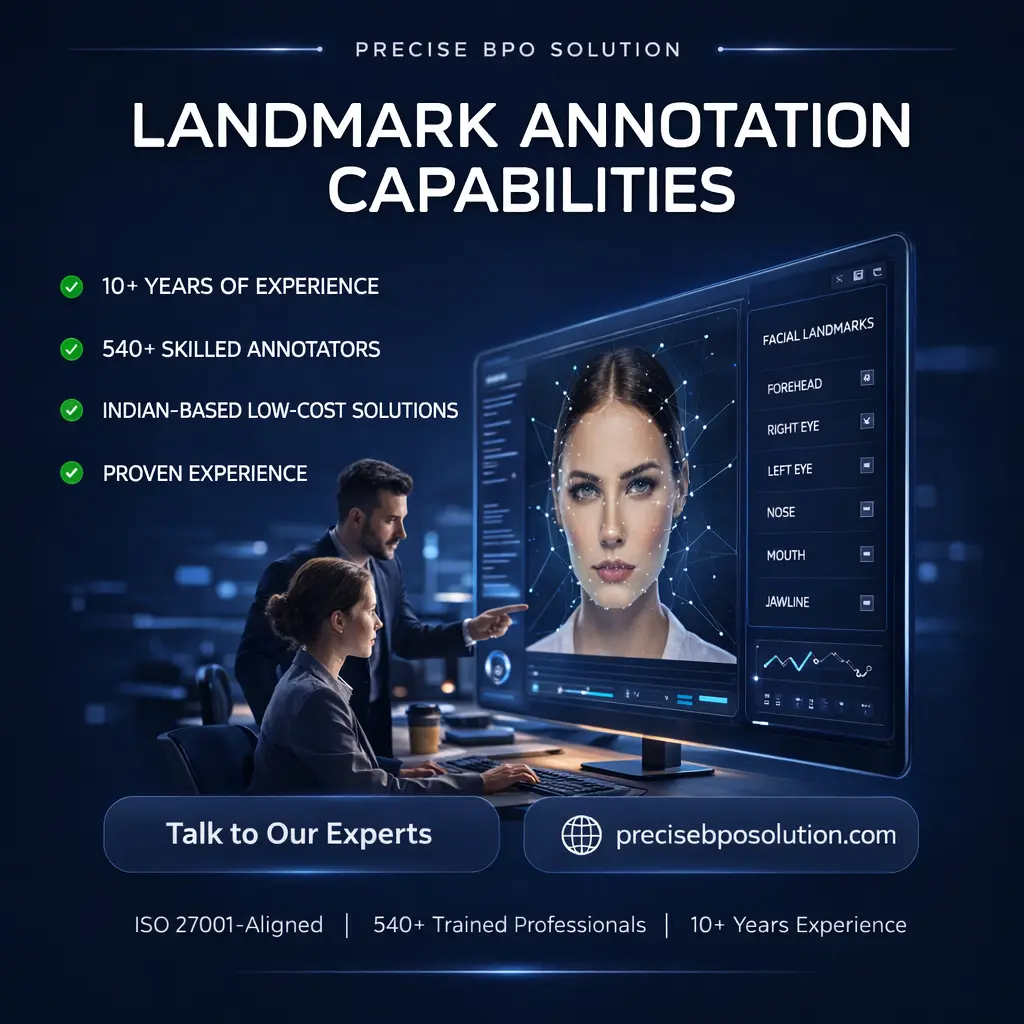 Landmark annotation capabilities showcasing multi-point labeling, precise coordinate mapping, 3D keypoints, and scalable enterprise workflows.