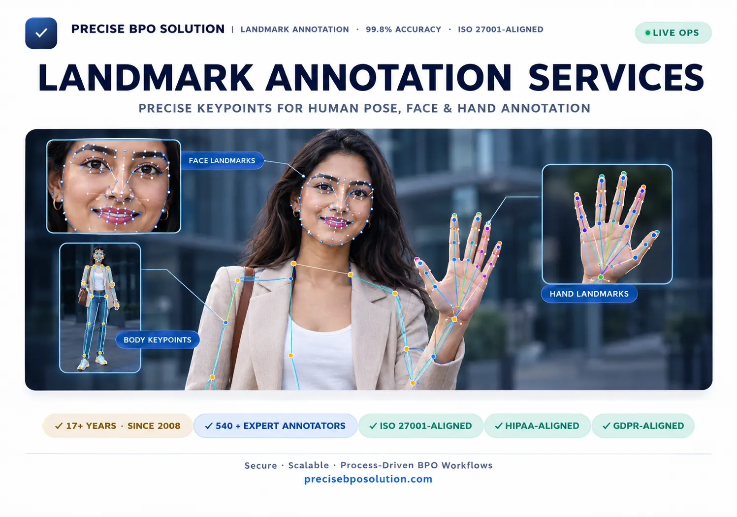 Flowchart showing face, hand, and pose images processed into landmark and keypoint annotation data