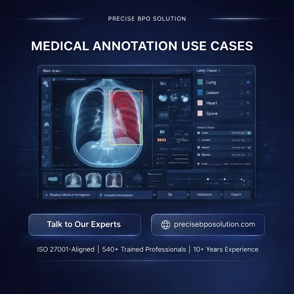 Medical image annotation showing CT/MRI scan with labeled regions, bounding boxes, and segmentation masks for AI training.