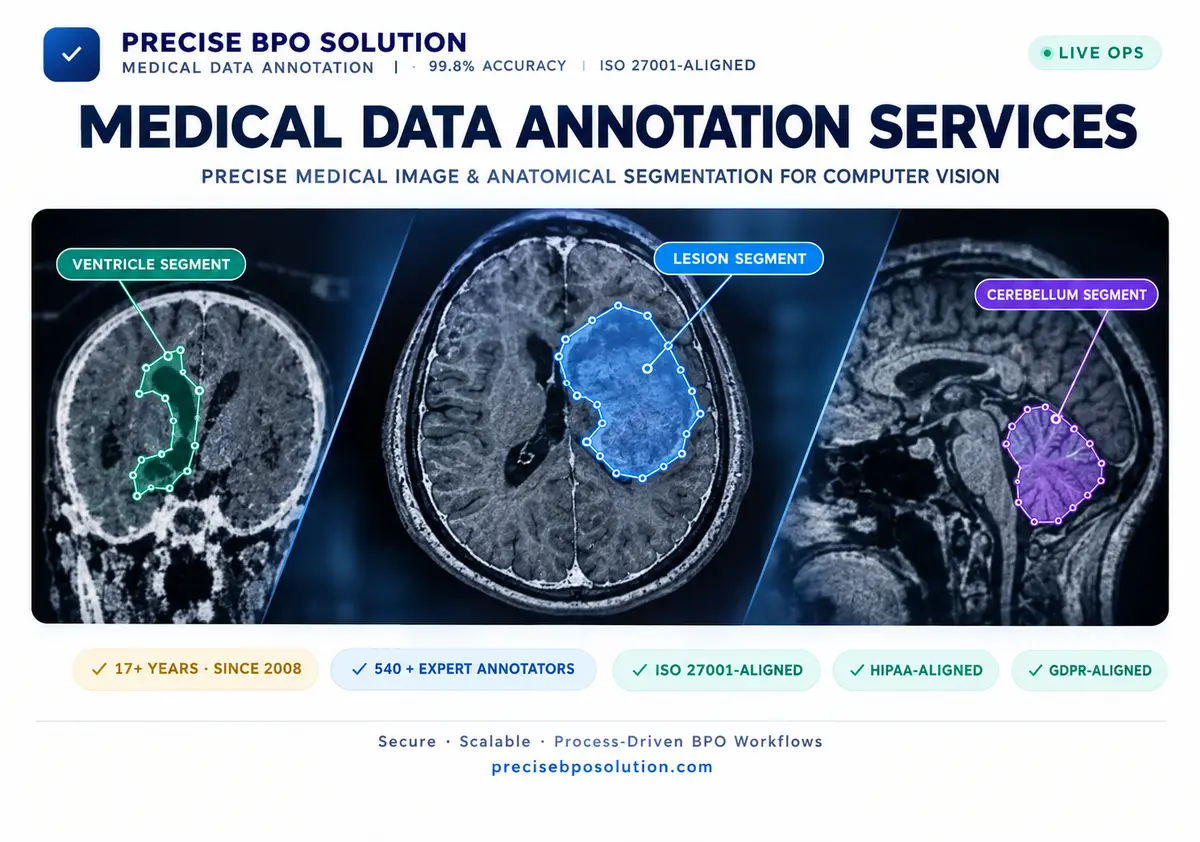 Medical annotation services showing ventricle, lesion, and cerebellum brain scan segmentation