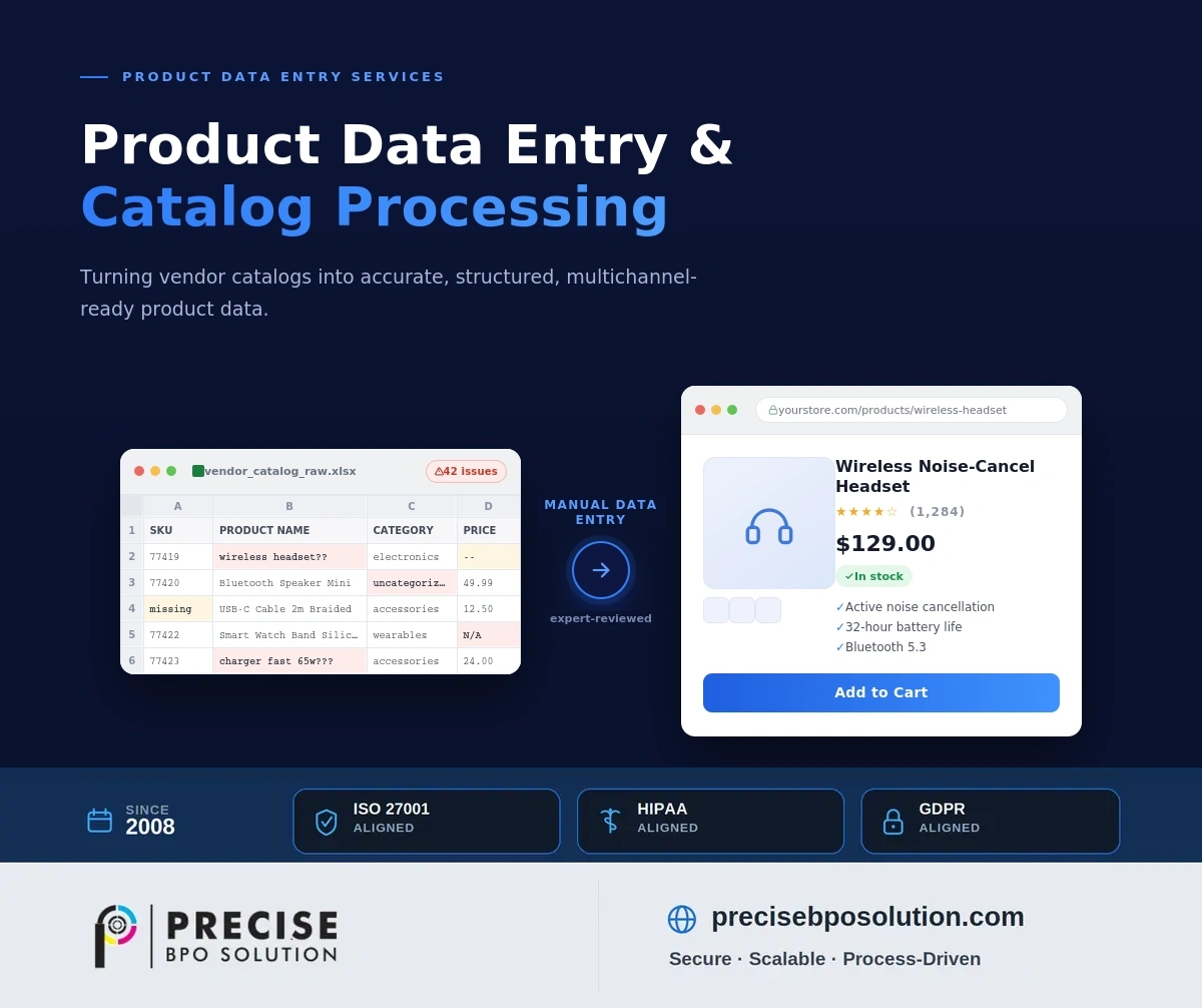Product data entry workflow diagram: vendor data processed into published catalog listings