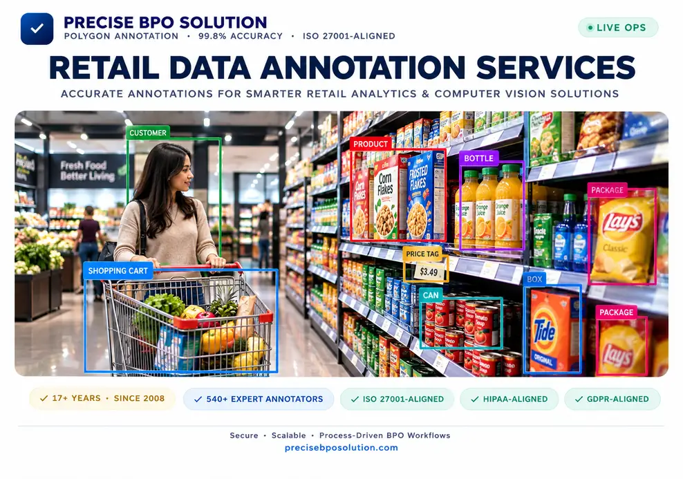 Retail data annotation with bounding-box product labeling and SKU tagging on grocery shelf items and a shopper's cart
