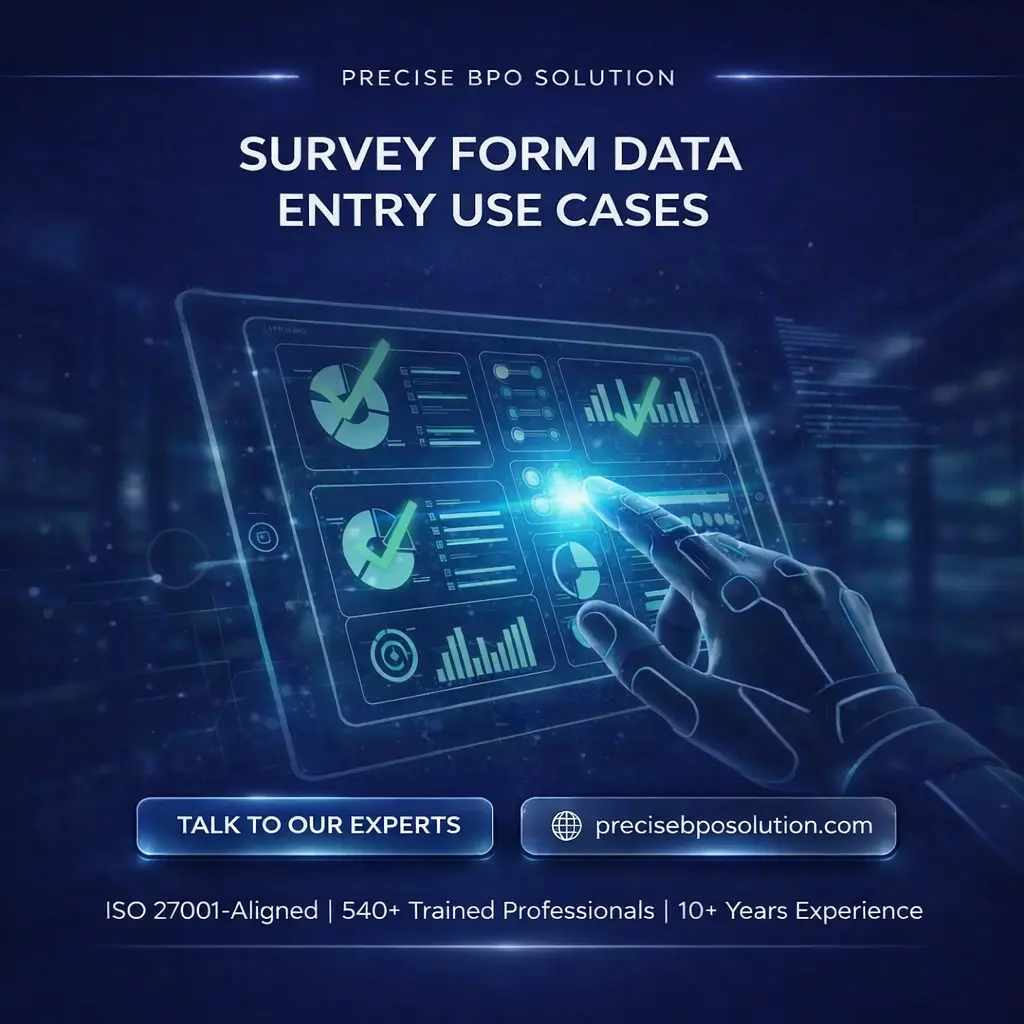 Infographic showing Survey Form Data Entry Use Cases, including improving research analysis, streamlining customer feedback processing, and accelerating academic study results.