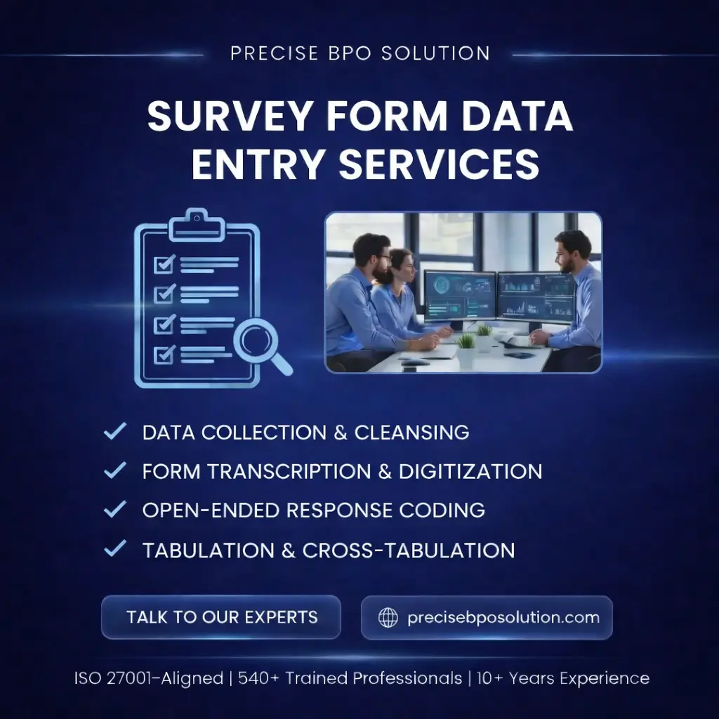 Hero image illustrating Accurate Survey Form and Response Processing services, highlighting ISO 27001 aligned for market research and data capture.