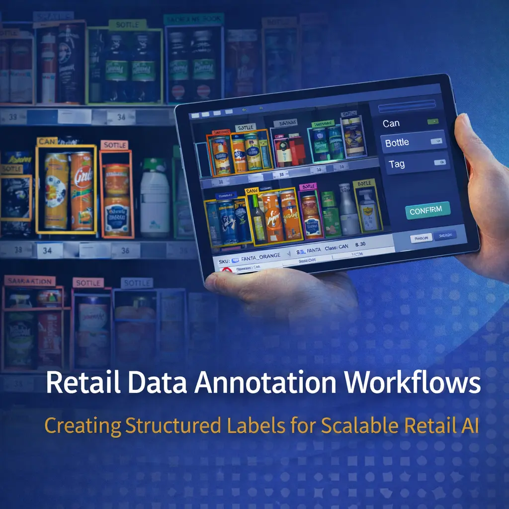 Retail data annotation workflows showing product labeling and shelf analytics